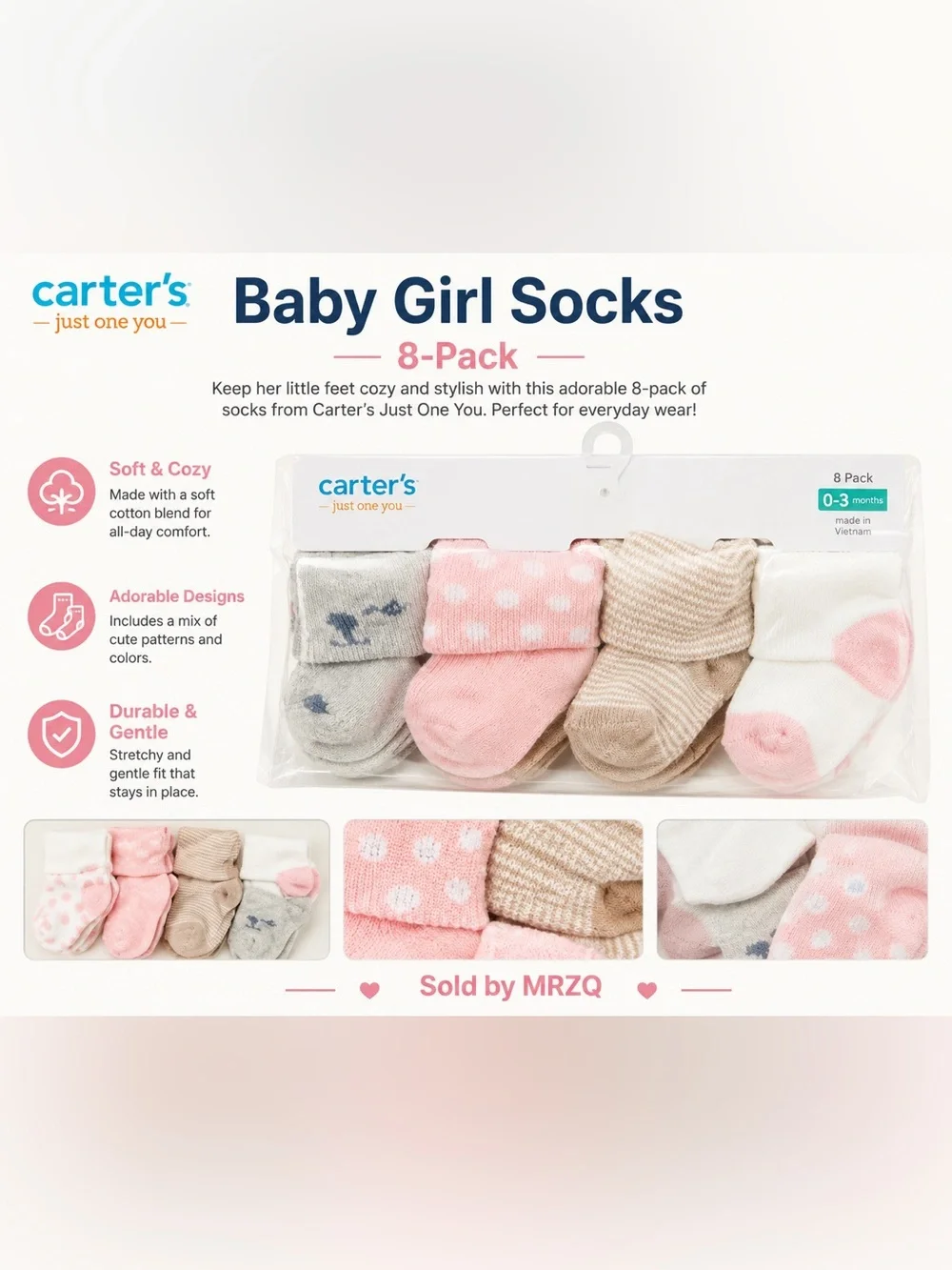 Carter's Baby Girl 8-Pack Socks - Pink, Gray, Beige